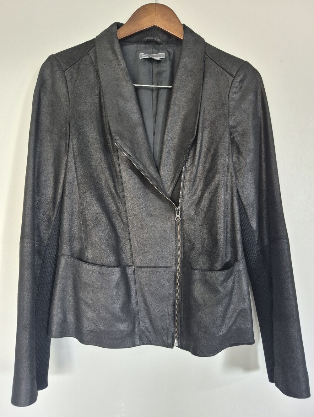 Vince Black Soft Leather Side Zip Moto Jacket Crop Medium